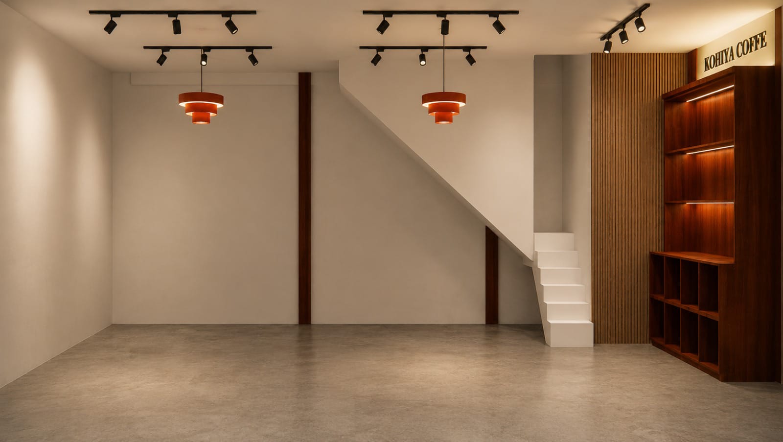 Desain interior Kohiya Coffee dengan tangga dan custom furniture kayu