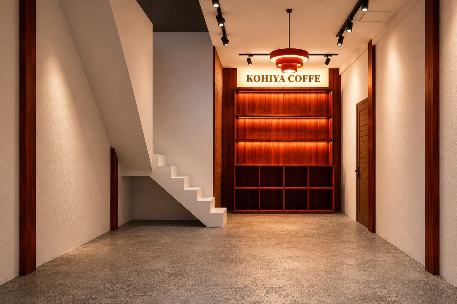 Interior komersial Kohiya Coffee dengan custom display dan finishing kayu